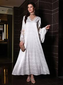 Layrah Elegant & Luxurious V-Neck Asymmetrical Tassel Flare Sleeve Dress, Spring/Summer - White - View 5