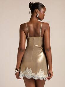 SHEIN BAE Women's Gold Spaghetti Strap Lace Trim Neck & Hem Mini Dress, Spring/Summer Dress,Party Dress, Wedding Guest Dress For Women ,Vacation Outfits Women , - Gold - View 2