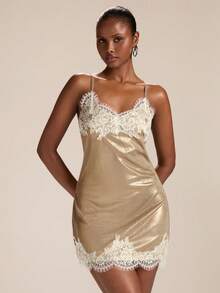 SHEIN BAE Women's Gold Spaghetti Strap Lace Trim Neck & Hem Mini Dress, Spring/Summer Dress,Party Dress, Wedding Guest Dress For Women ,Vacation Outfits Women , - Gold - View 4