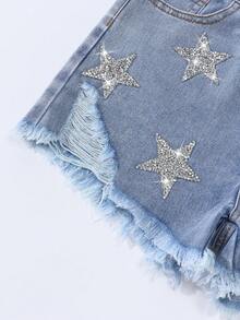 Girls' Denim Shorts,Light Blue Rhinestone Star Pattern Slant Waist Frayed Hem Non-Stretch Denim Fabric,Summer Streetwear City Break Casual School - Light Wash - View 9