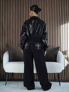 SAYEHFBABY 女式花卉刺绣优雅休闲牛仔裤 - 黑色 - 查看 2