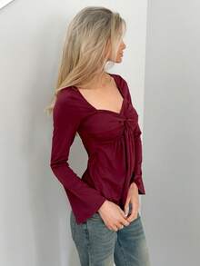 Sydney Algeri 女士休闲扭纹前V领长袖T恤，百搭新款，春秋季 - 酒紅色 - 查看 3