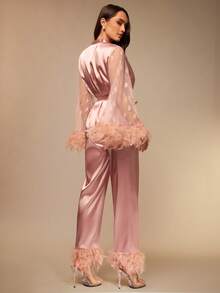 Silquee Fuzzy Trim Belted Satin PJ Set / Pajama Set, Fall Winter Clothes Women's Satin Robe And Pant Pajama Set With Feather Trim And Sheer Heart Sleeves Lounge Sleepwear Elegant Pink Satin Feather Trim Pajama Set For Women Long Sleeve Heart Dot Mesh Robe And Long Pants Women's Luxurious Pink Satin Pajama Set Sheer Sleeve Robe With Feathers And Wide Leg Long Pants Valentine's Day Sexy Lace Galentines Adult Date Night  Spandex See Through Romantic Sexy Curve Wedding Guest Pajamas - Pink - View 2