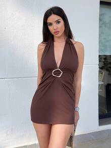 Maca Silvats 女士性感露背挂脖迷你连衣裙，夏季 - 棕色 - 查看 1