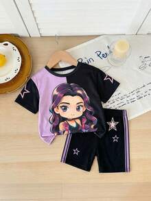 SHEIN 2pcs Baby Girl Knitted Crew Neck Cute Girl Pattern Casual T-Shirt And Shorts Set - Multicolor - View 11