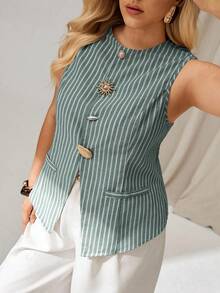 Auralis Plus Size Summer Casual Commuter Striped Front Button Tank Top - Green - View 3