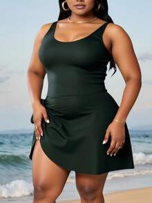 SHEIN CURVE+ Plus Size Women's Plain & Simple Daily One-Piece Swimsuit Summer, Solid Color Swimsuit,Swimsuit For Beach Holiday,Summer For Holiday Swimming - Black - View 3