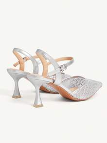 CUCCOO CHICEST Women's Pointed Toe Silver Embroidered Mesh Ankle Strap Comfortable Breathable Fashion Elegant Party Banquet High Heel Pumps - Silver - View 5