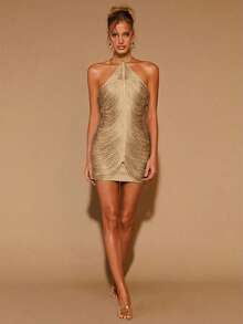 COSMINA Đầm ngắn ôm sát eo buộc dây cổ cho nữ, màu xanh ô liu - Màu Khaki - Xem 3