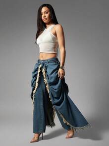 Denimoi Overlayed Raw Edge Ruching Detail Jeans Fashionable Denim Statement Jeans Concert Outfit - Medium Wash - View 5
