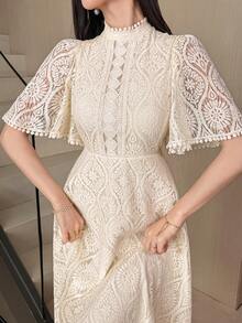 DAZY 女士优雅蕾丝立领荷叶袖中长连衣裙，夏季婚礼宾客礼服，女士吊带裙 - 米色 - 查看 6