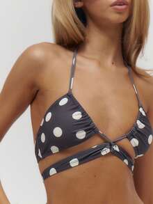 Musera Resort Top de bikini à pois style enveloppant et col halter, idéal pour l'été, la plage, les vacances et les sorties quotidiennes. Sexy et mignon, parfait pour les voyages. - Tabac - Voir 6