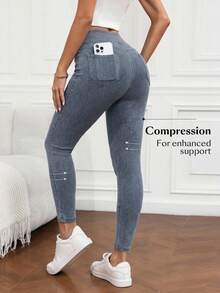 Flexra Quần jean nữ dáng ôm, cạp chun, kiểu dáng thường ngày - Màu xanh nhạt - Xem 2