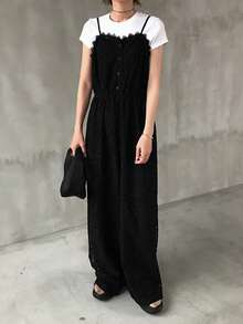 FRIFUL Damen Ärmellose Jumpsuit mit Spitzendekor für Frauen Loungewear Sets für Damen im Sommer - Schwarz - Übersicht 8