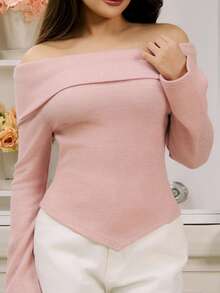 Criza Taa 女士休闲露肩纯色T恤，春秋季，返校季长袖女式上衣，秋季女装可爱上衣 - 粉色 - 查看 5