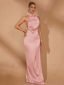 Lumalex Vestido largo recto con cintura fruncida para mujer de talla grande, para fiestas de invierno, primavera, San Valentín, eventos y bodas - Rosa Pálido - Ver 6