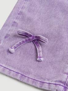 SHEIN Quần ống rộng denim màu xanh dương dễ thương có nơ cho bé gái, trang phục mùa thu đông cho bé gái. - Màu tím - Xem 4