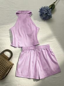 Elamini 2pcs Women Striped Print Collared Embroidered Shirt & Elastic Waist Casual Shorts Set, Spring/Summer - Pink - View 2