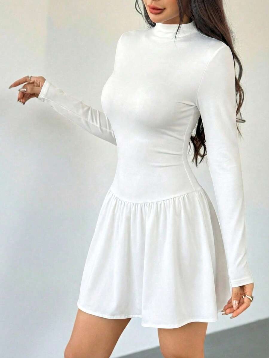 SHEIN PETITE 女士纯色立领长袖荷叶边迷你连衣裙，秋冬款 - 白色 - 查看 1