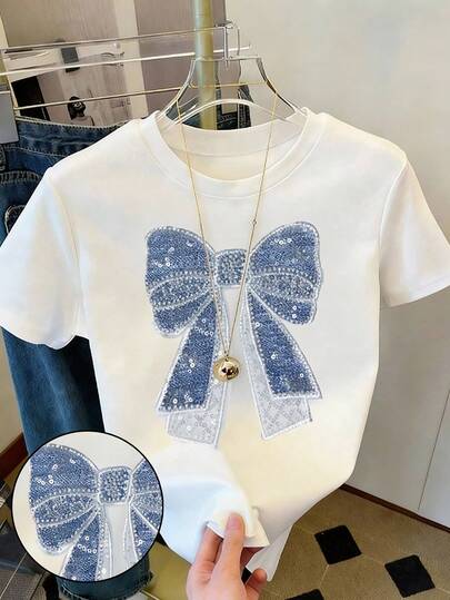1pc Teen Girl White T-Shirt, Colorblock Sequin Bow Print Casual Minimalist Short Sleeve Tee, Suitable For Summer