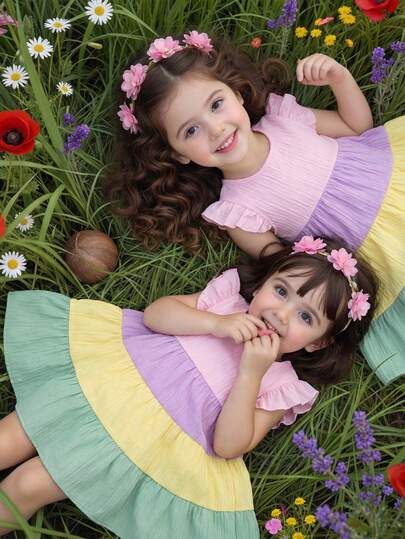 Genkimix Kids 女童彩色拼接纹理圆领短袖休闲连衣裙，夏季女童连衣裙。女童马卡龙色连衣裙，儿童荷叶边连衣裙，彩虹连衣裙，多层荷叶边连衣裙，适合上学、日常休闲和旅行穿着。