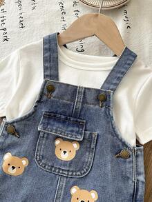 LMoss Kids Quần yếm denim in hình gấu hoạt hình dễ thương cho bé trai, có túi nắp, thích hợp mặc hàng ngày, mùa hè. - Rửa nhẹ - Xem 8