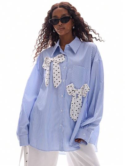 GENKIRA Blue & White Striped Oversized Silhouette Shirt With Black & White Polka Dot Print, Satin Decorative 3D Bow, Casual & Versatile, College Style