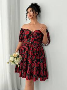 Elenzga 情人节加大码女士优雅浪漫印花褶皱纽扣腰带中长连衣裙，情人节 - 紅色 - 查看 4