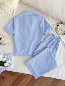 SHEIN 少女条纹领开衫短袖衬衫和裤子睡衣套装 - 藍白色 - 查看 2