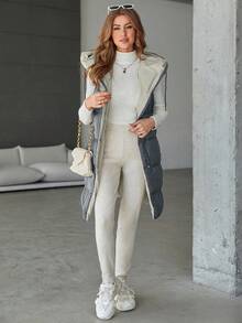 SHEIN Cottnline Women's Solid Color Zipper Design Mid-length Hooded Vest -padded Jacket - Grey - View 4