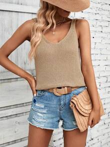 Breezaya Petite Áo dệt kim đơn sắc tối giản dành cho nữ, kiểu dáng thường ngày. - Màu Khaki - Xem 1