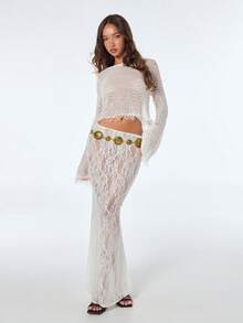 SHEIN ICON Áo croptop gợi cảm cho nữ, thích hợp đi nghỉ mát, xem hòa nhạc, Coachella, màu trơn, cổ tròn, tay áo tua rua, thích hợp cho mùa xuân đến hè. - trắng - Xem 5