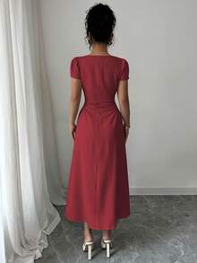 Elenzga Đầm midi nữ thanh lịch màu trơn cổ vuông, thắt eo, tay phồng, thích hợp cho kỳ nghỉ, tiệc trà chiều, mùa xuân/hè. - Đỏ - Xem 2