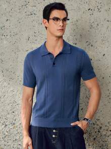 RONVEXI Men's Loose Lightweight Premium Knit Seagull Collar Polo Shirt - Striped Airplane Collar Short Sleeve, Cool & Comfortable Summer Fashion Casual Essential Men Buttoned Polo Men Knit Shirt Blue Polo Shirt Men Short Sleeve Polo - Dusty Blue - View 6