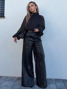 Jeta Ari 女士休闲纯色立领灯笼袖宽松衬衫，秋季 - 黑色 - 查看 6