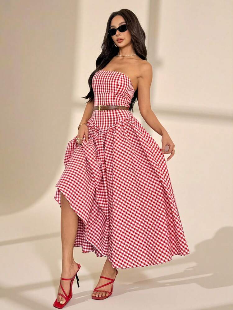 SHEIN PETITE Vestido formal de noche de línea A con hombros descubiertos a cuadros rojos, sin mangas, plisado, hasta el tobillo, para citas, vestido largo a cuadros, vestido de mujer para vacaciones, vestido de picnic, Día de San Valentín - Rojo - Añade 14