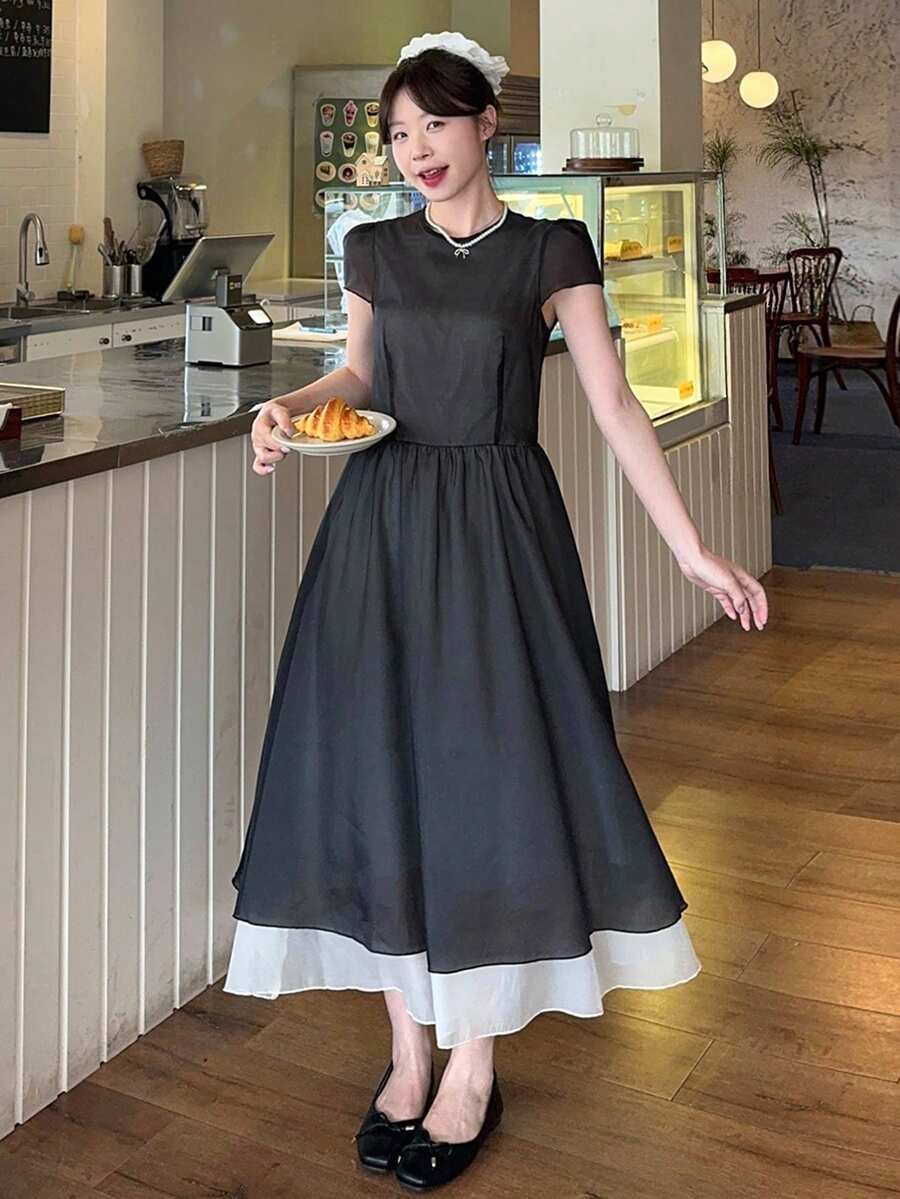 DAZY 女士甜美优雅薄纱泡泡袖连衣裙，夏季新品 - 黑與白 - 查看 1