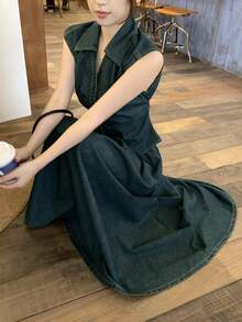 DAZY Women's Collared Sleeveless Blouse & Loose Denim Skirt 2-Piece Set - Blue - View 5