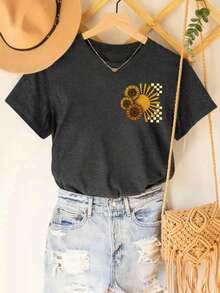 DrmWander 度假、春季、度假装女装、春季向日葵图案复古T恤 - 深灰色 - 查看 2