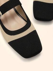 CUCCOO BASICS Women's Round Toe Chunky Heel Apricot Knit Slip-On Buckle Strap Fashionable Comfortable Breathable Casual Commute Versatile Mary Jane Flat Shoes - Apricot Black - View 5