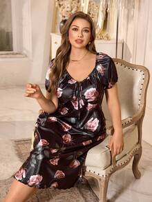 MuseNap CURVE Áo ngủ cỡ lớn bằng satin in hoa hồng, cổ chữ V, thắt nơ. - màu đen - Xem 6