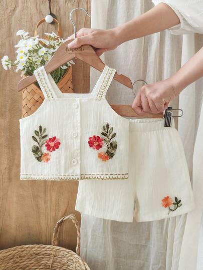 Vintaside Kids （上下装随机刺绣图案）女婴背心吊带两件套，乡村风花卉刺绣图案，时尚百搭，优雅可爱，适合春夏外出穿着