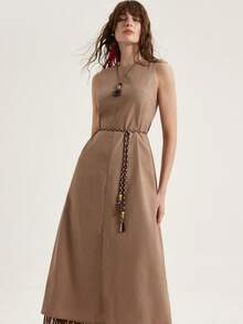 Aveloria Modichic Robe midi décontractée en lin avec décorations de perles et de franges, style mode décontracté Top de gamme, minimaliste et polyvalent pour les vacances - Kaki - Voir 7
