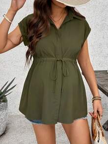 SHEIN 孕妇纯色单排扣抽绳腰蝙蝠袖休闲衬衫 - 軍綠色 - 查看 4