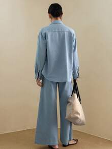 DAZY Women's Lapel Long Loose Shirt And Wide Leg Jeans Casual Vacation Style Suit - Light Wash - View 3