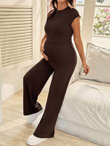 SHEIN Maternity Clothes Maternity Co Ord Summer Pregnant Clothes Brown Two-Piece Set Highly Elastic Casual - Brown - View 6
