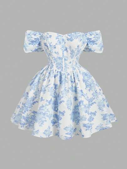 SHEIN MOD Plus Size Women's Romantic Floral Print Off-Shoulder Short Dress Tea Party Dress Style Women's White Mini Dress Women's Wedding Guest Dress Women's Graduation Dress
