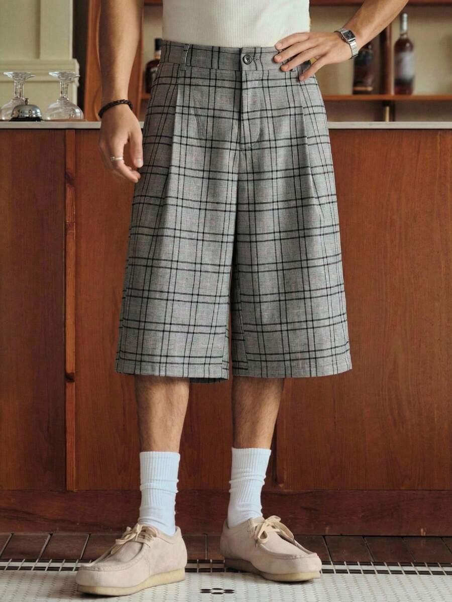 SWAVVY Men's Casual Plaid Pleated Loose Shorts, Summer Men's Relaxed Fit Shorts Grey Shorts For Men Checkered Shorts Pleated Shorts Men Plaid Shorts Plaid Pleated Shorts Men Shorts