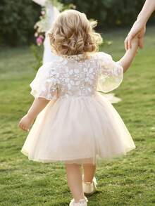 Cute Baby Girls Flared Long Dress With Puff Sleeves And Stand Collar Elegant Apricot Baby Dress - Apricot - View 3