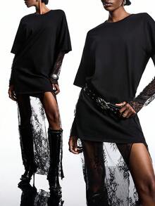 LYSMO 2025 New Arrive Minimalism Fall Women Black Round Neck Contrast Lace Loose Long Dress Fall Clothes Halloween Costumes Clothes For Women New Year Look And Christmas Outfit For Women Streetwear Partywear - Black - View 9